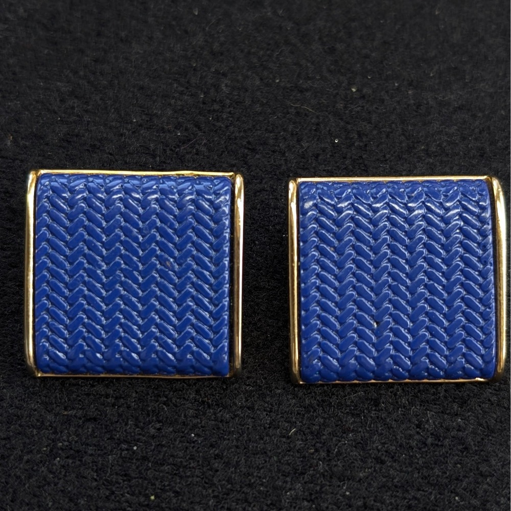 Vintage Blue Clip Earrings Gold Big Bold Earrings Signed